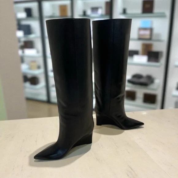 JIMMY CHOO Blake 85 logo-appliquéd leather wedge knee boots Size 36.5 - Picture 8 of 10